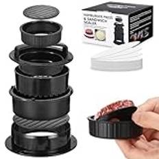 FAOKZE hamburgarpress, hamburgare pattie press 4 i 1 set, fylld hamburgare smörgåsskärare, kött nötkött grönsaker hamburgare pattiform med 200 stycken vaxpapper skivor, svart