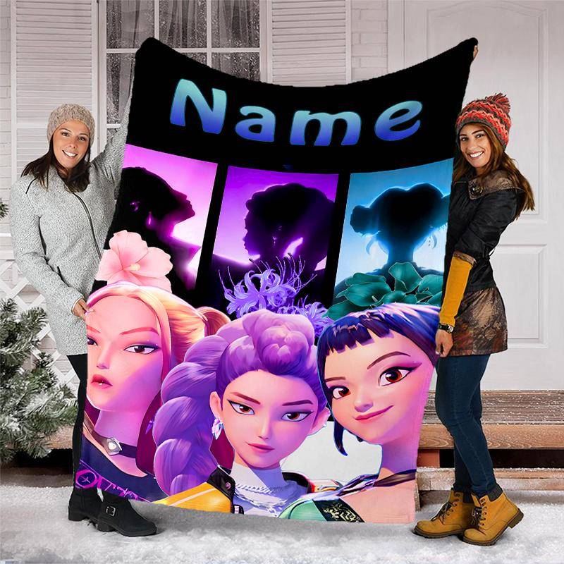 Personlig Anpassad Namntäcke - Kpop Demon Hunters Tryckdesign, Täcke för Soffa, Säng, Resa, Camping - Mjukt och Varmt, Bra Gåva black