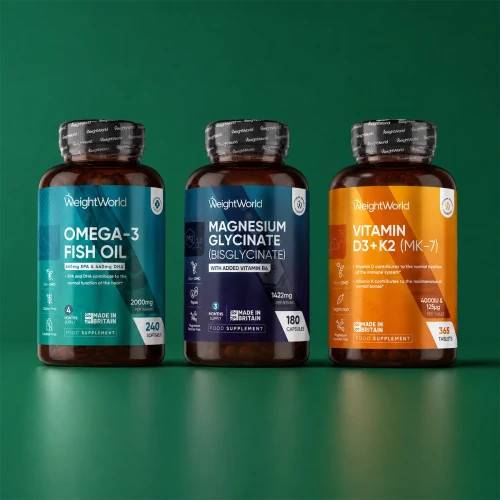 Helsepakke til komplet velvære l Tre kosttilskud til spotpris l Magnesiumglycinat, Omega3-fiskeolie og D3+K2-vitamin