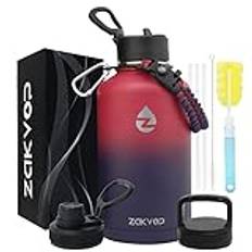 ZAKVOP 2L Isolerad Vattenflaska med Sugrör och 3 Lock, Vattenflaska i Rostfritt Stål med Paracord-handtag, 2 liters Vattenflaska i Metall med Flaskborstar för Gym, Vandring, Camping