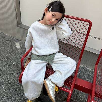 Set med långärmad sweatshirt med boktryck och fickbyxor för tween-flickor, hoodies - Grå (8Y,9Y,10Y,11Y,12Y)