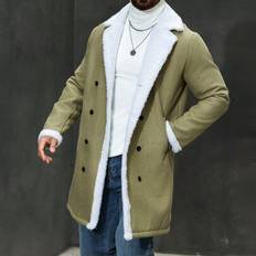 Herrknappstängning fram Långärmad Fuzzy Splicing Casual Jacka, Turtleneck Herr,Vinter Herrkläder,Her Flanell - Armé Grön (L,M,S,XL,XXL)