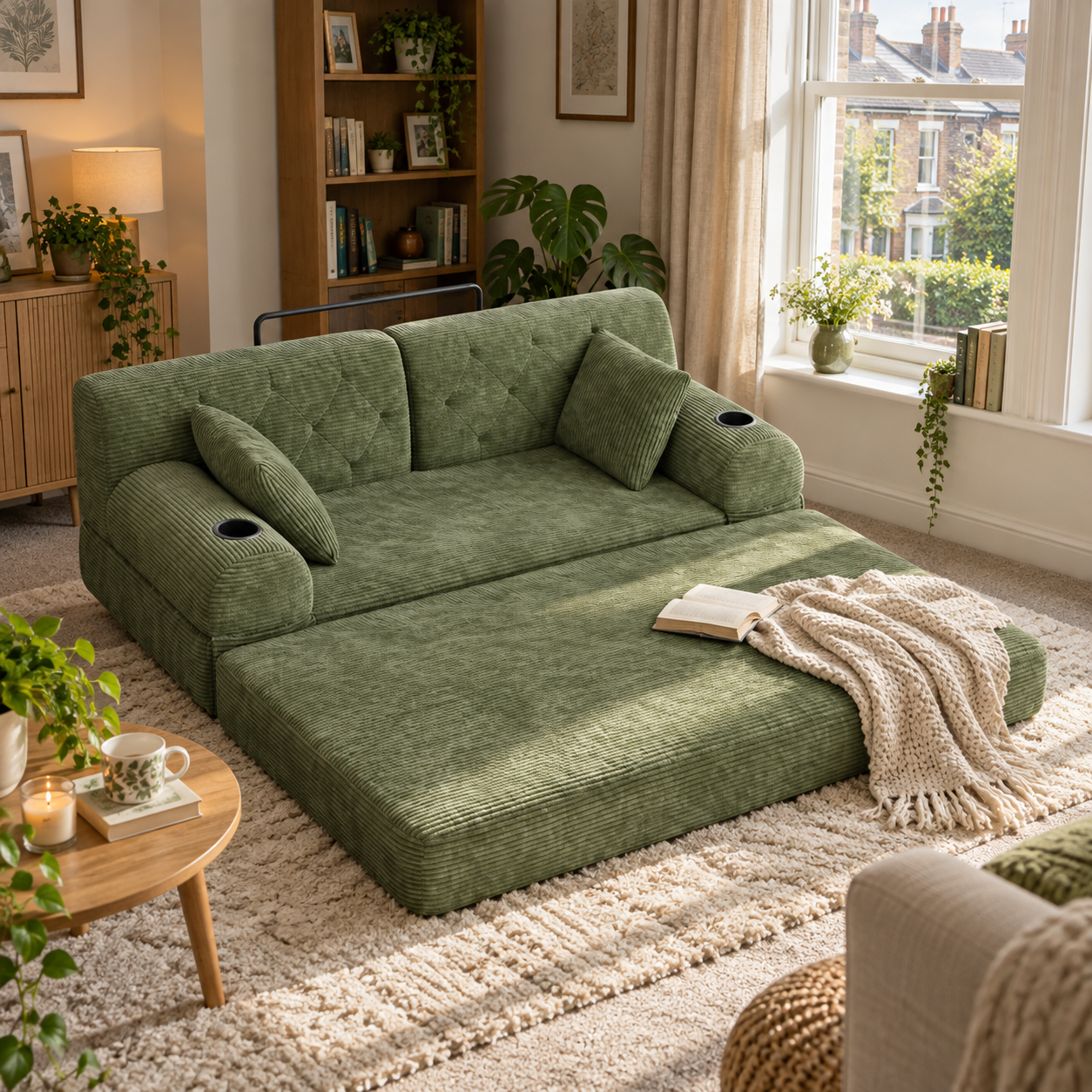 Cozy Sleeper Sofa with High-Density Foam and Soft Corduroy, Convertible Couch for Living Rooms and Small Spaces, 168L x 80W x 81H cm, Green Aosom UK
