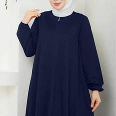 Enfärgad Elegant Turkisk Dubai Mellanösternstil Dam Lång Morgonrock Morgonrock Dragkedja Utsvängd Bekväm Långärmad Abaya - Marinblå (L,M,S,XL,XXL)