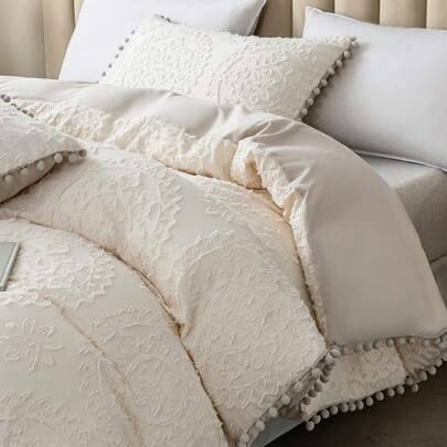 3 st. beige blommiga ihåliga grå pompom-påslakanset (1 påslakan + 2 örngott, täcke ingår ej), mjukt och hudvänligt polyestertyg, lämplig för sovrum, h (135*200,150*200,180*200,200*200,160*220,168*229,200*230,229*229,230*220,264*229,260*220,240*220)