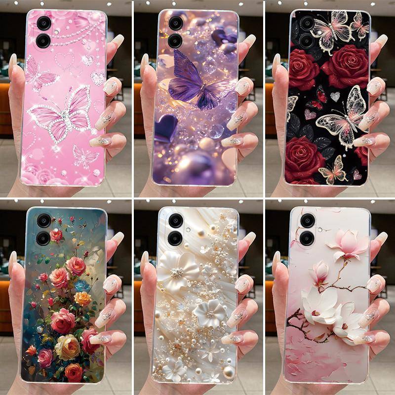 För Samsung A06 Fodral A065F Lyxigt Mode Fjärilar Blommor Målad Genomskinligt Silikon Mjukt Telefonfodral För Samsung Galaxy A06 Skydd