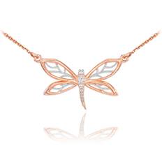 Diamond Embellished Dragonfly Pendant Necklace in 9ct Rose Gold - rose gold