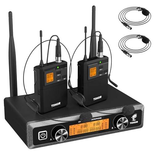 TONOR Duales UHF Mikrofon Kabellos Set mit 2 Bodypack Transmitter/Headset/Lavalier Wireless Microphone, 2x5 Frequenzen 60m Reichweite Funkmikrofon für Gesang, Karaoke, PA System, Lautsprecher TW822