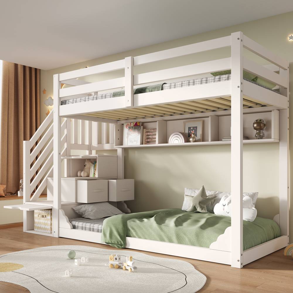 90×200cm White Wooden Kids Bunk Bed, Children Bed Frame with Staircase, Storage Compartments and Safety Guardrail, Space Saving Furniture for Siblings Bedroom, No Mattress Included