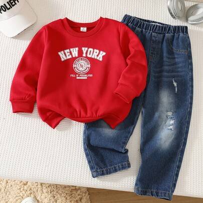 Barn 2-delars set för ung pojke, söt hösttröja och blå denim-tracksuit, back-to-school - Multifärgad (6Y,7Y,4Y,5Y)
