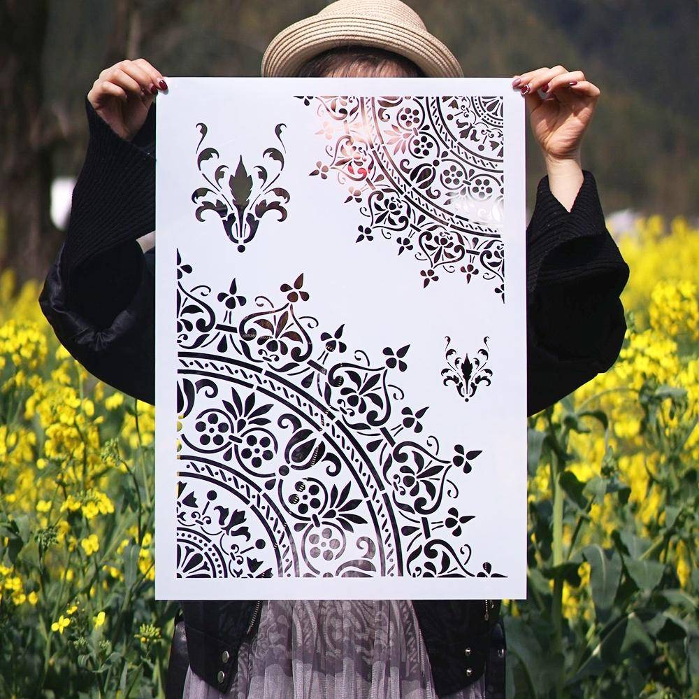 A4 A3 A2 Storlek DIY Hantverk Layerering Mandala Stenciler För Väggmålning Scrapbooking Stämplingsalbum ljus rosa färg