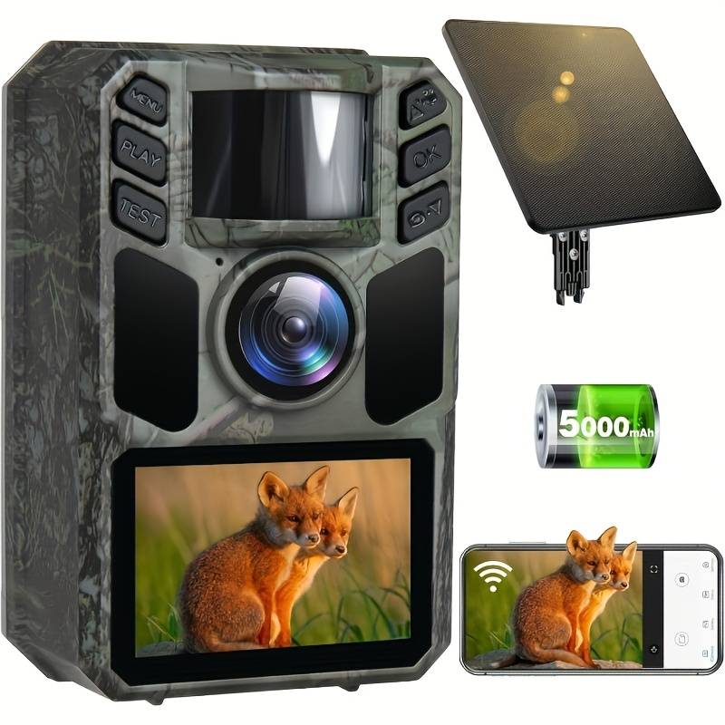 Solar Trail Camera Wifi 4k With Built-in 5000mah Battery And Night Vision Ip67 For Hunting Camera, 130°wide Angle 0.2s Trigger Speed, Suitable For Outdoor Wildlife Detection, Monitoring Game Cam