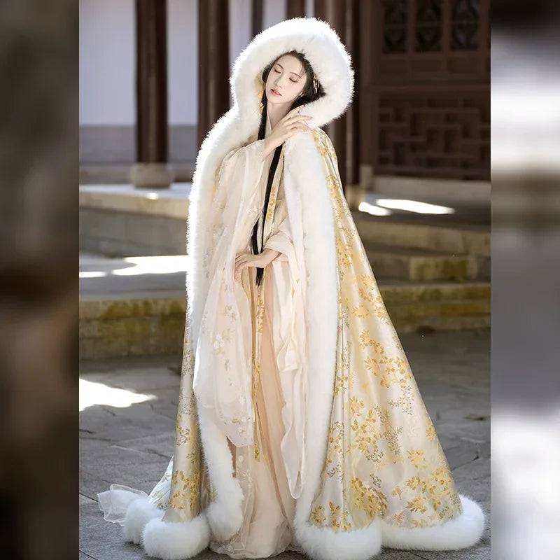 Gold Winter Fur Cape – Hanfu Cloak for Women | Thick, Warm & Elegant Festive Outerwear - Hooded Cloak [Fleece] / S (155 height) (S (155 height))