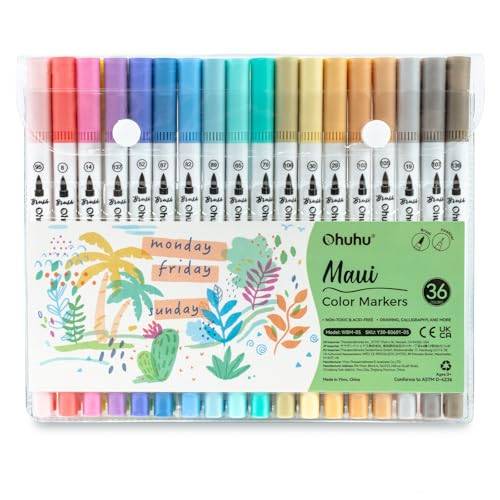 Ohuhu Maui 36 pastell dubbla spetsar penselpennor – vattenbaserade konstmarkörer för ritning, journalföring och kalligrafi, dubbla spetsar fineliner och pensel ritpennor konstmarkörer för vuxna