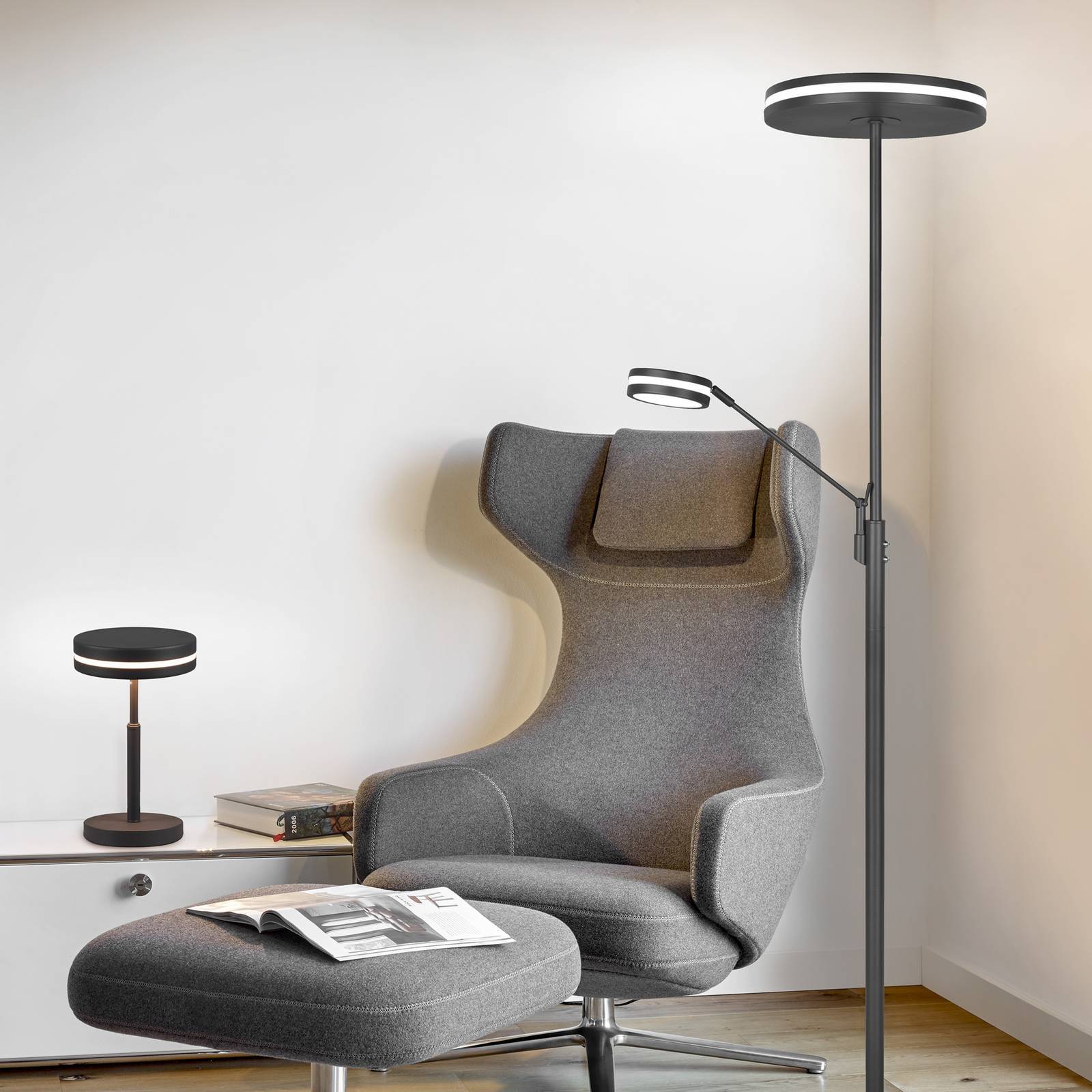 Trio Lighting LED-uplight-golvlampa Franklin, läslampa, antracit dimbar, Svart, Vardagsrum / matsal, Metall, Modern, Golvlampa