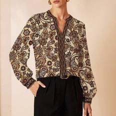 Women's Elegant Commuter Paisley Print Notch Collar Blouse Paisley Print Blouse Women Blouses And Shirts Printed Blouse Paisley Blouse Womens Blouses - Brown - L,M,S,XL