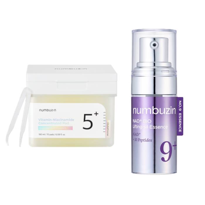 numbuzin - No.5+ Glutathione Vitamin Concentrated Toner Pad - 180ml/70pads (1ea) & No.9 NAD+ BIO Lifting-sil Essence - 10ml... - black