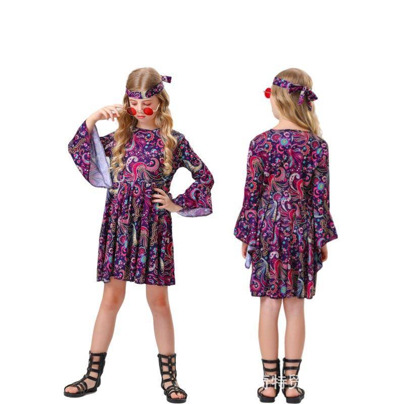Halloween 780-tal Vintage Disco Barn Hippie COS Hip Hop Kostymfest Framträdandekostym 130cm