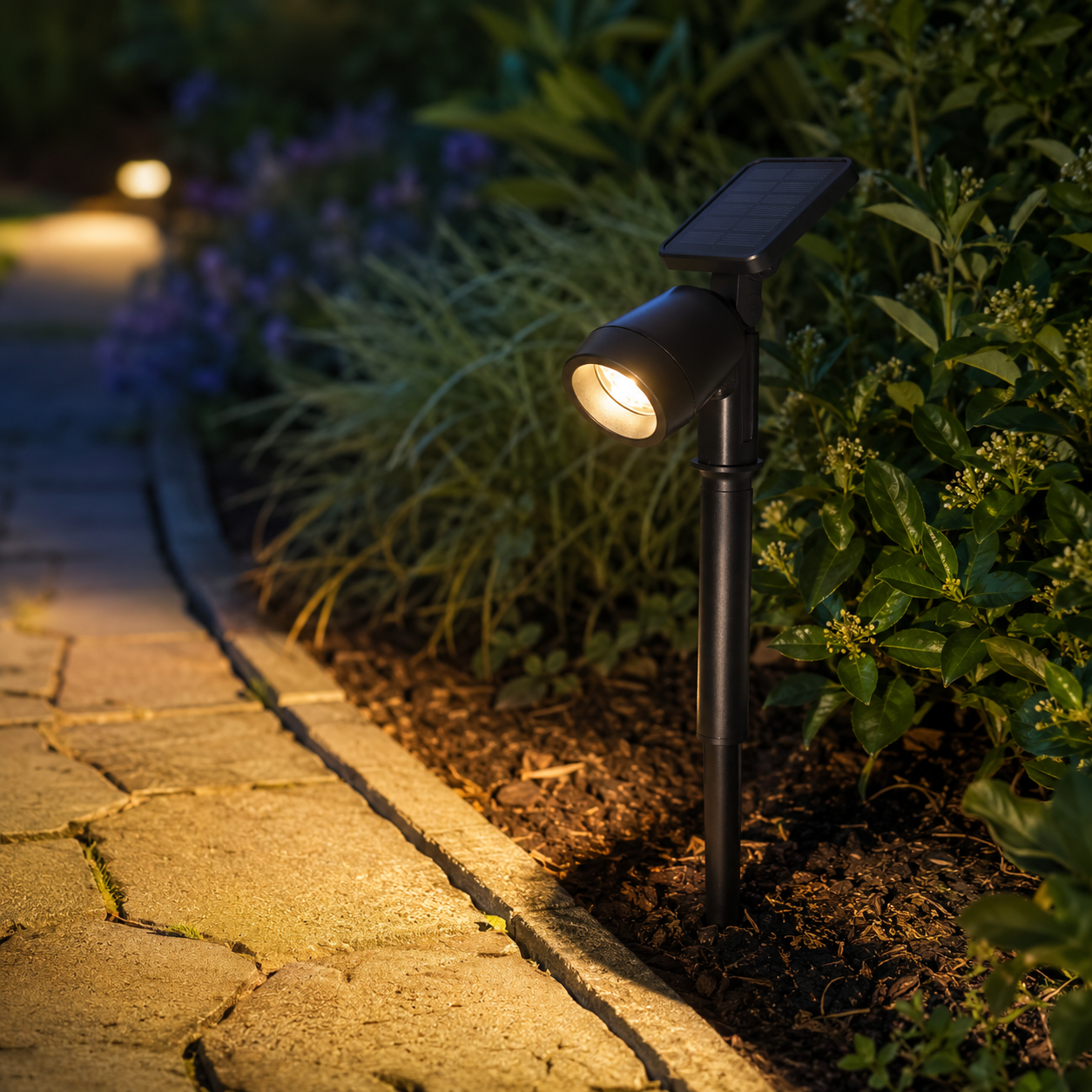 Stilfuld solcelle-spotlight med effektivt amorft solpanel, kraftig SMD LED og genopladeligt batteri 13x8x28 cm.