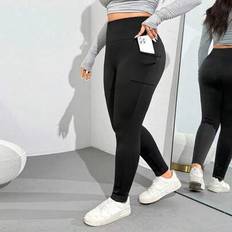 Plusstorlekar Dam Basic Termofodrade Leggings, Elastiska Skinny Fit Termobyxor Med Fickor, Höst/Vinter - Svart (0XL,1XL,2XL,3XL,4XL,5XL)
