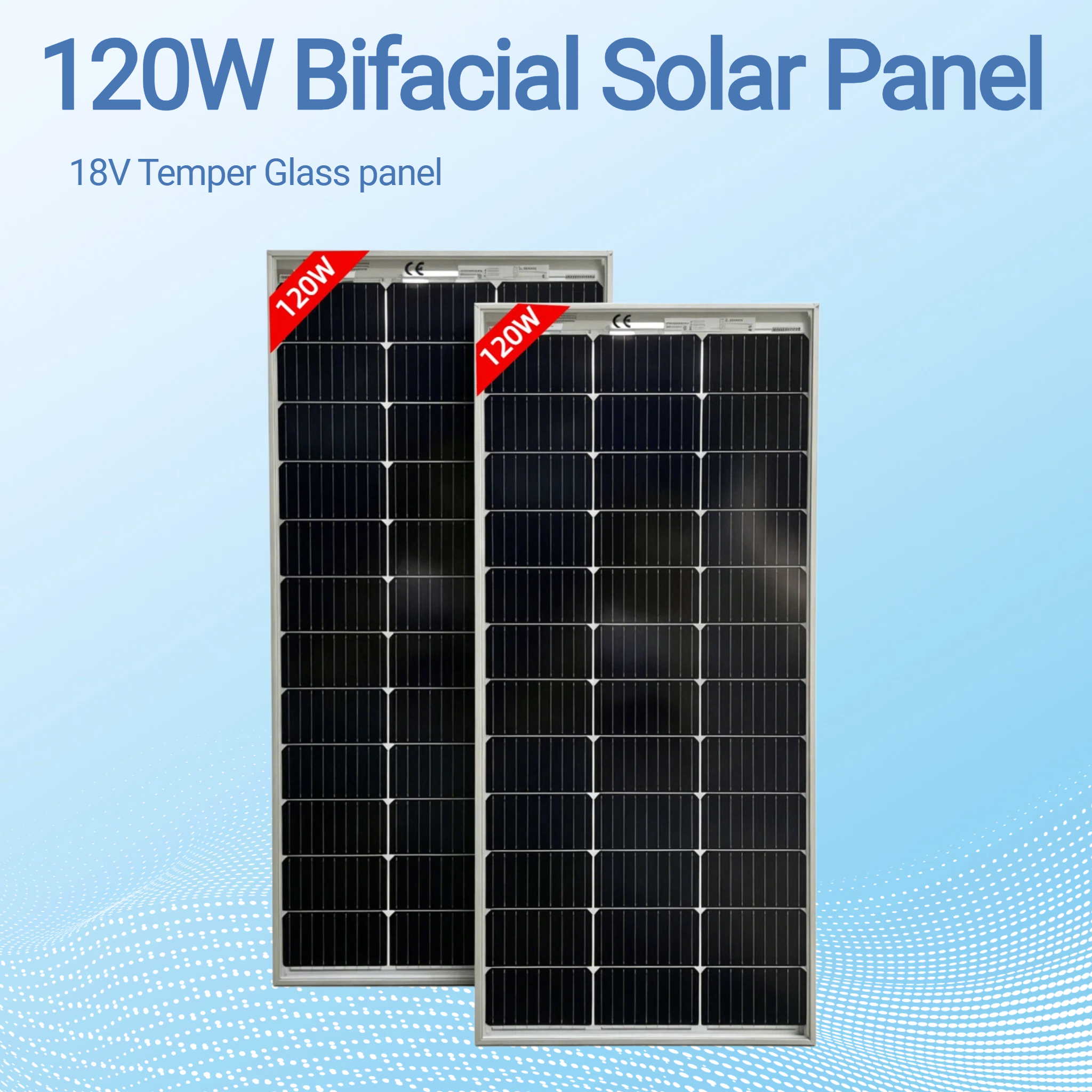120W Bifacial Solar Panel,High Efficiency Temper Glass Solar Panels 18V,Waterproof Durable for Batteries,Balcony,Roof,Garden,Camping,Off-Grid Use