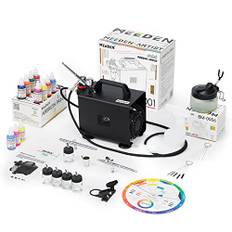 MEEDEN Airbrush Compressor Set med 24 Paint Set, 1/5HP Air Brush Set med Auto Stop 3 Dual-Action Airbrush Gun (0,25/0,35/0,5 mm) Tryckluftsmaskin med rengöringssats för Artist Model Making - 47dB
