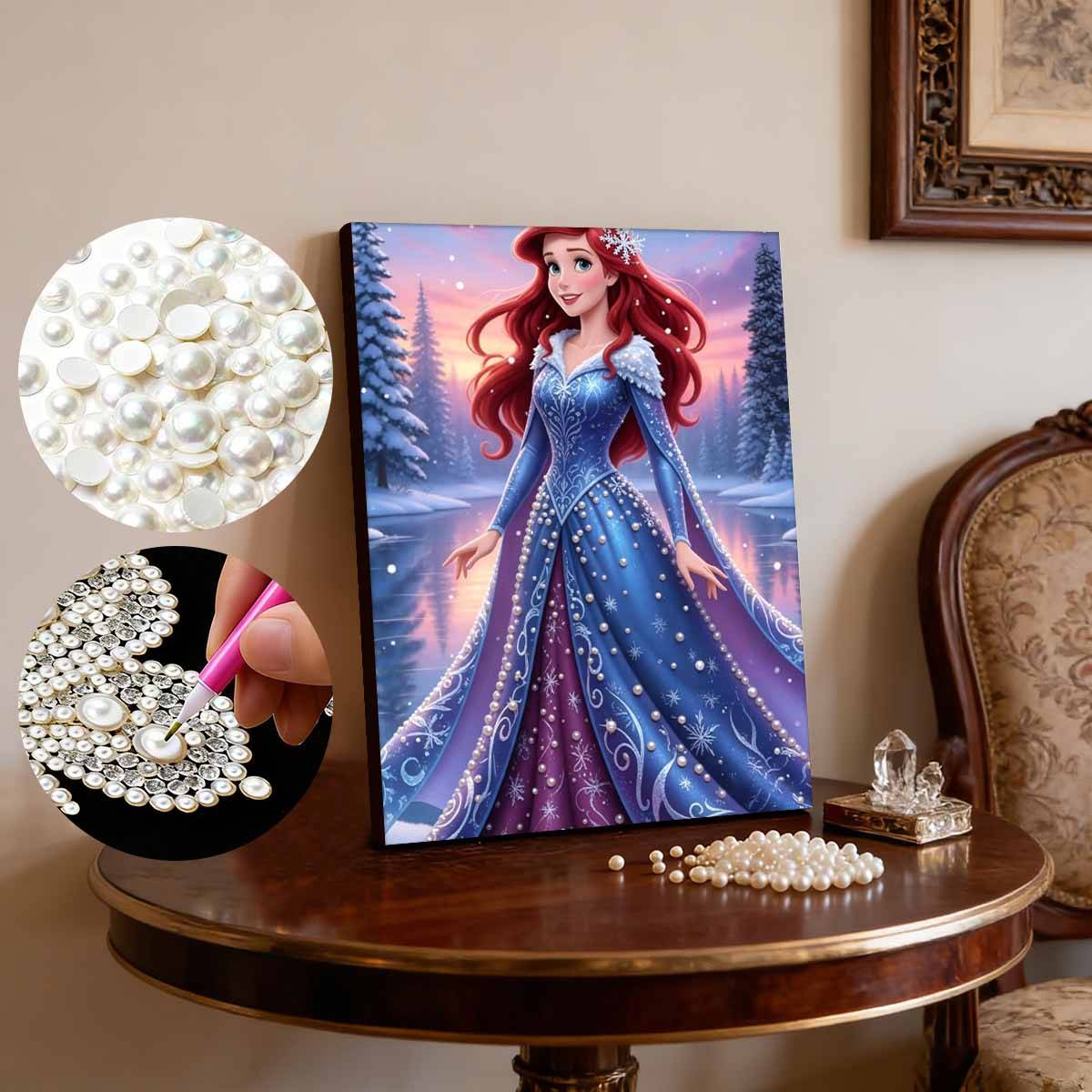 Snowy Forest Snowflake Ariel New Pearl-Inlaid Frameless Art | Handmade Pearl Craft, Snowy Lake Forest Theme, For Icy Romantic Decor 35x45cm