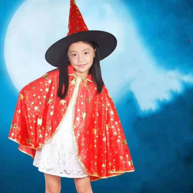 Halloween Cloak Set Wizard Cape With Hat - Red / One size