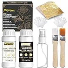 Gyllene bladlim och guldblad, 100 ml limset med lim och 100 ml vattenbaserad skyddsfärg 100 st guldblad för pyssel, måla, dekoration, (gladhesive set)