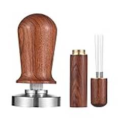 51mm Espresso Tamper & Stirrer Set Coffee Calibrated Tamper with Spring Loaded Flat 304 Stainless Steel Base Barista Wooden Handle Press for Espresso Machine-PLUT