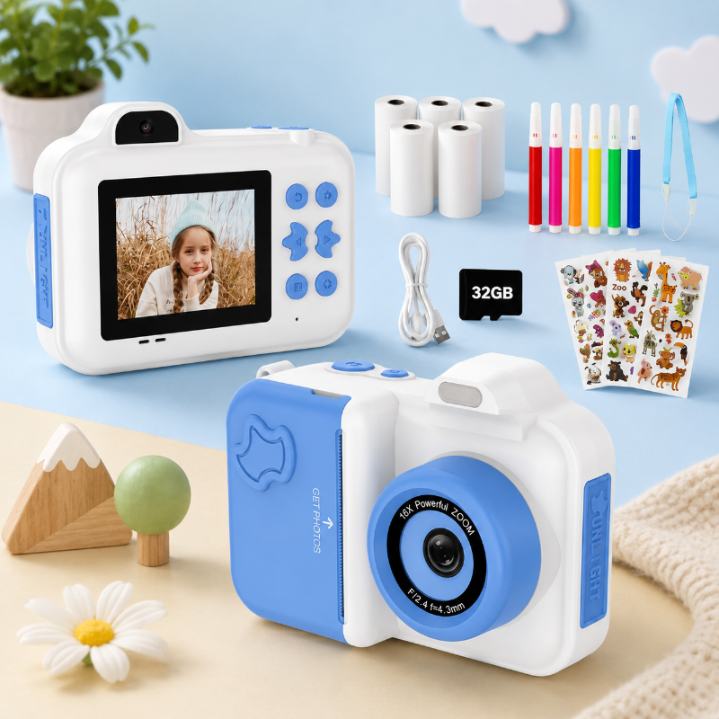 Instant Print Camera – Kreativt & interaktivt – Instant-kamera för barn Vit Blå | Pedagogiska Träleksaker