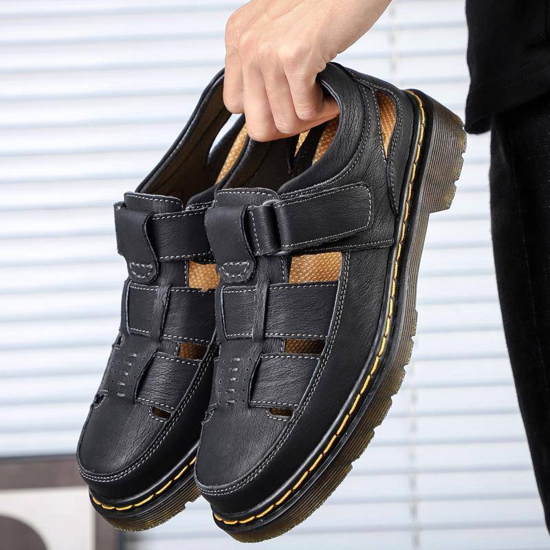 Äkta Läder Herr Plattform Casual Sandaler Stängd Tå Kardborre Plus Storlek Herrskor 39