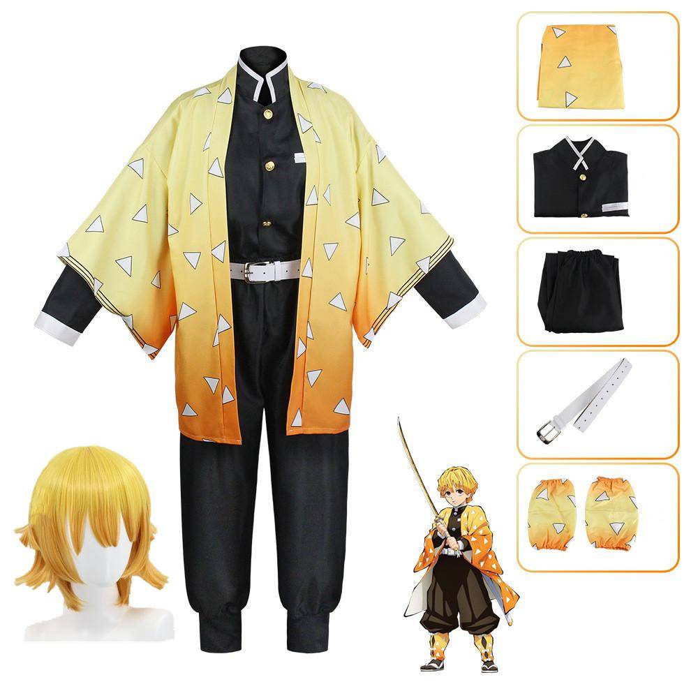 Anime Demon Slayers Agatsuma Zenitsu Cosplay Kimetsu No Yaiba Peruk Kimono Kostym Kostym Vuxen Barn Halloweenfest Klädset cm