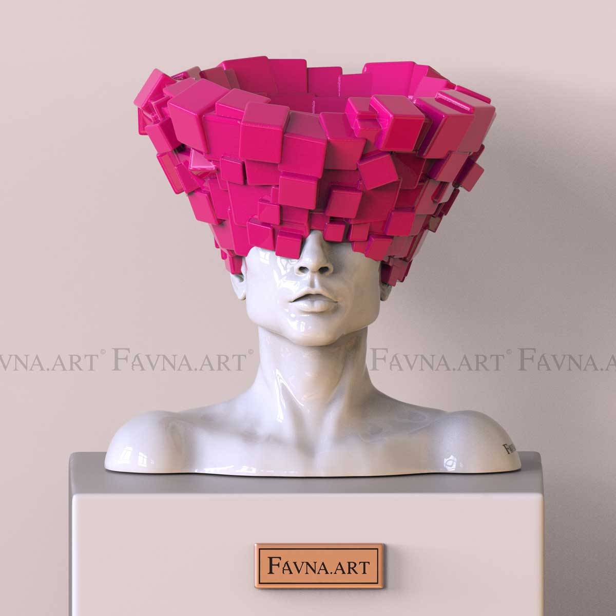 Сonceptual sculpture “Thoughts” — Man | Contemporary art bust, black - Barbie Pink
