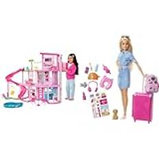 Barbie Dreamhouse, poolparty i dockhuset med mer än 75 delar och en rutschkana i tre våningar, HMX10 & Barbie Travel Doll, blond, med valp, öppningsbar resväska, för barn som är 3 till 7 år, FWV25