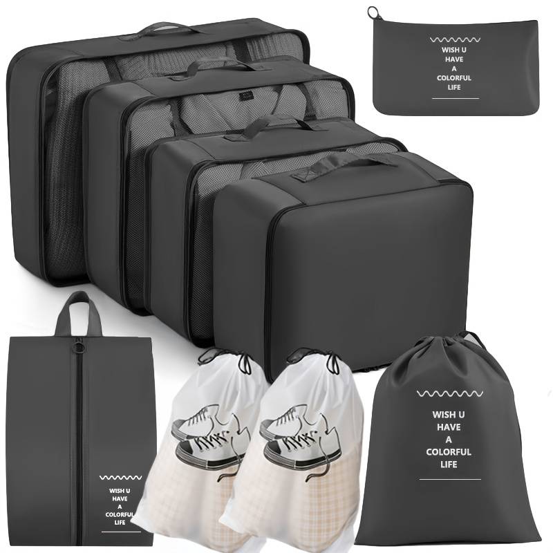 Complete Travel Organizer Set-9pcs Package With Shoe Bag And Toiletries Bag, High Quality Luggage Storage Bag For Suitcase, Shoes And Toiletries Bag, Essential Travel Essentials