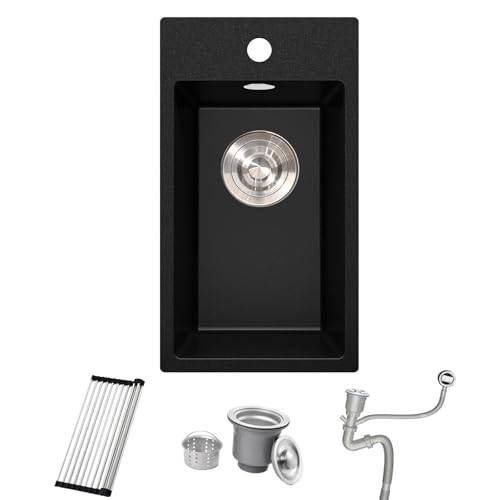 Bokaiya Granitvask, svart, 28 x 50 cm, granitvask, 1 bassäng, inbyggd kvartskomposit-vask, liten djup enkel vask för husbilar, med 1 kranhål, avlopps- och bräddavloppsset, rullhylla och sifon