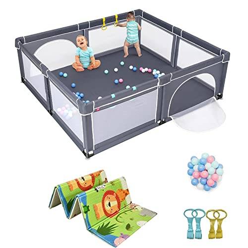 Costway 206 x 186 cm baby-lekhage med 50 lekbollar, lekhage med ventilerande nät och dragkedja, krypställning med 2 dörrar, lekgaller för spädbarn och barn (mörkgrå, grön madrass)