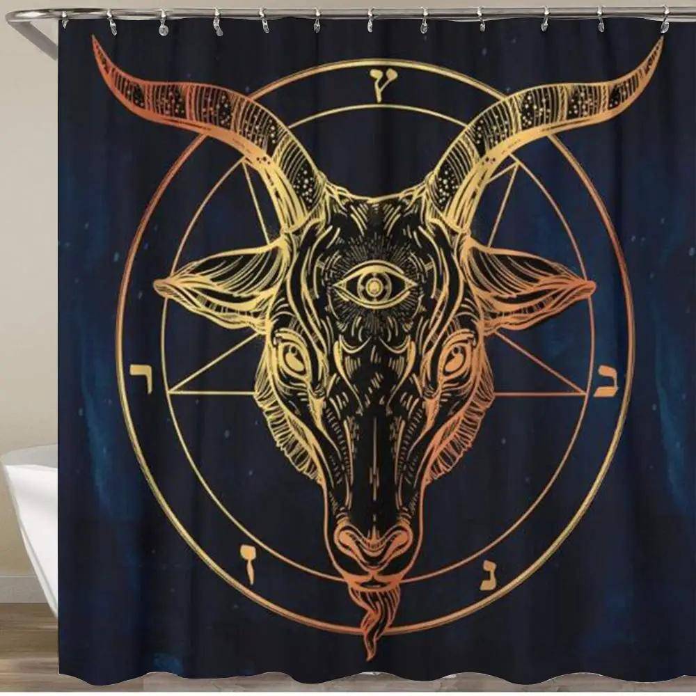 Duschdraperi Pentagram med Demon Baphomet Sataniskt Gethuvud Binär Symbol Tatuering Vattentätt Badrumsdraperiset med Krokar