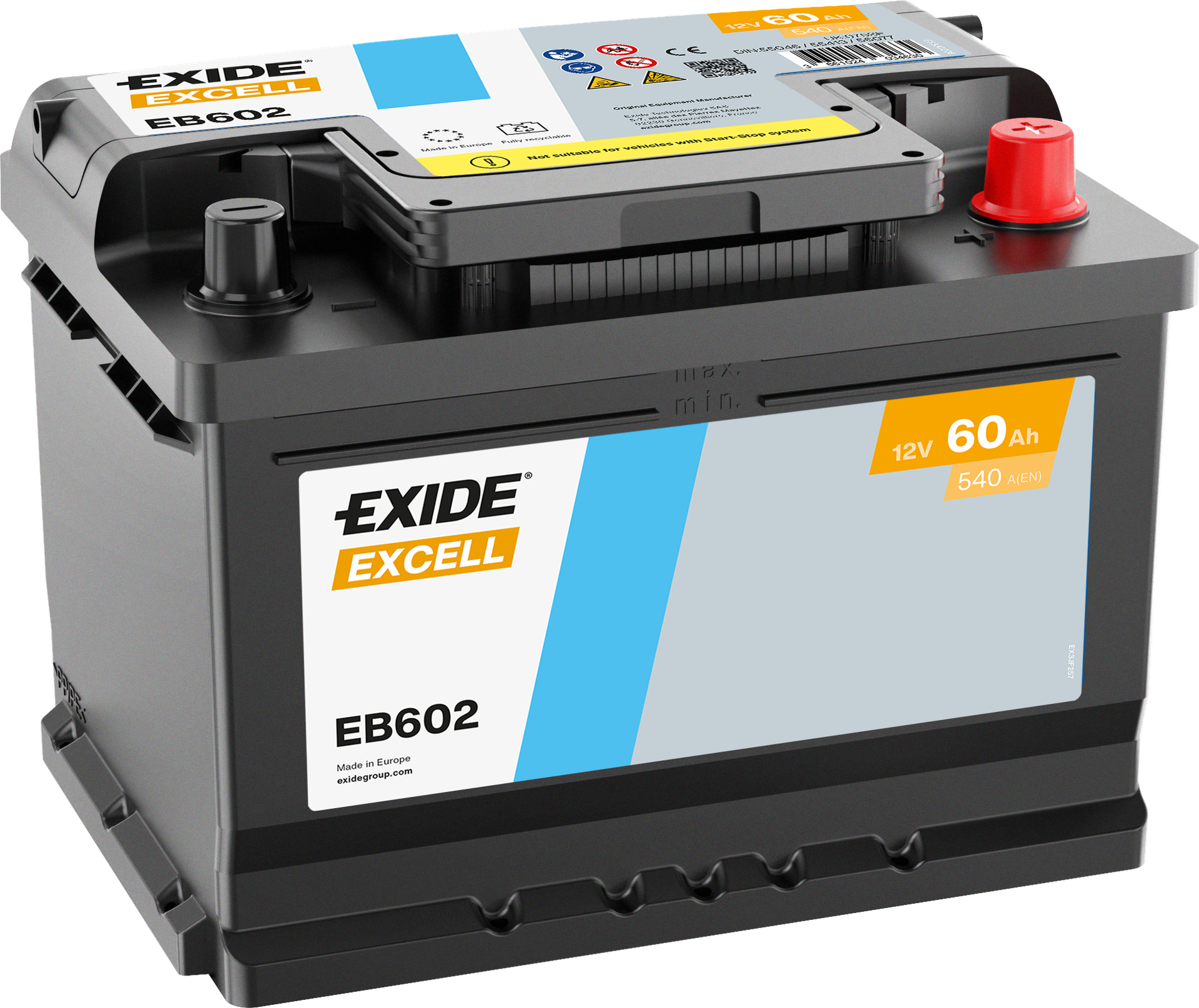 Exide Excell EB602 60 Ah - Bilbatteri | Startbatteri - Ford - Renault - Opel - VW - Nissan - BMW - Mazda - Suzuki