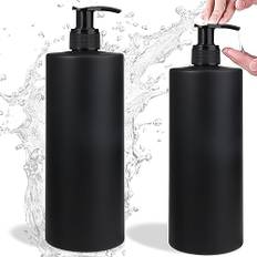 2 stycken plastflaskor för fyllning, tvåldispenserset svart matt, multifunktionell dispenser, pumpflaska för schampo, duschgel, handtvål, tvåldispenser plast för kök och badrum