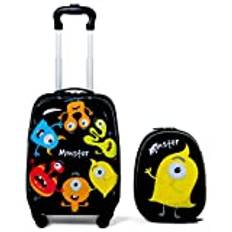 COSTWAY 2Pcs Kids Luggage, Carry On Luggage Set med 12 "ryggsäck och 18" resväska, Rolling Trolley Suitcase, Cute Cartoon Pattern resväskor för flickor