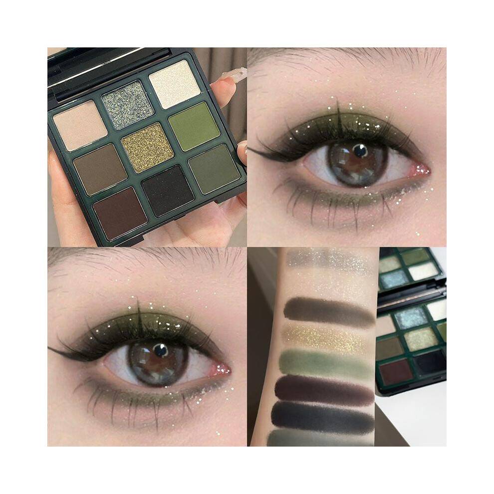 (Matches the image, 9 colors) Retro French 9 Colors Eyeshadow Palette Black Olive Green Fine Non-Flying Powder Lasting Eyeshadow for Smoky Eye Makeup