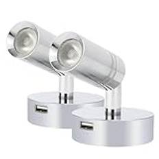 lighteu, 2 x 12 V 2 W E1 USB tak/väggstrålkastare, kromfinish, sänglampa, sväng och svängbar lä med beröringsbrytare dimbar varm vit/blå lampa för yacht, husvagn, husbil