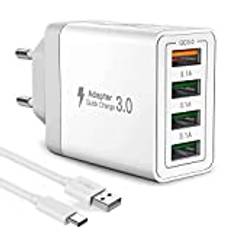 ANNCAY Quick Charge 3.0 USB-laddare med USB typ C-laddkabel, 33 W QC 3.0-laddare med 4 portar snabbladdare