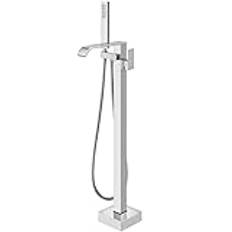 Freestanding Bathtub Faucet Polish Chrome Waterfall Floor Mount Tub Filler Single Handle Standing Brass Tap with Hand Sprayer and Swivel Spout