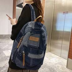 Retro Distressed Denim Backpack, Large Capacity Book Bag, School Backpack - Multicolor - one-size