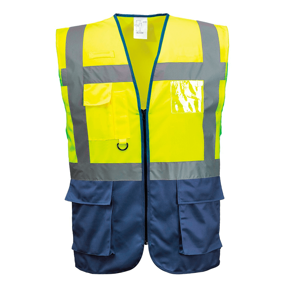 Refleks sikkerheds vest klasse 1, Hi-Viz gul/navy 7 lommer D ring til nøgler og id kort