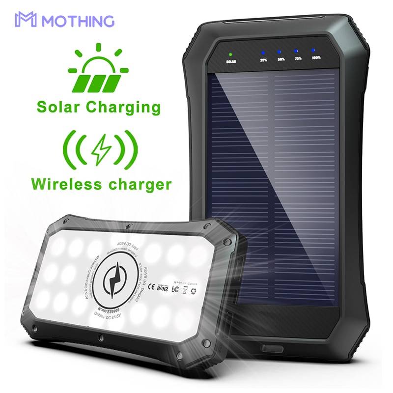 Snabb qi trådlös laddare solenergibank 15000 mah för iphone xiaomi powerbank bärbar laddare vattentät med blixtljus - Grön