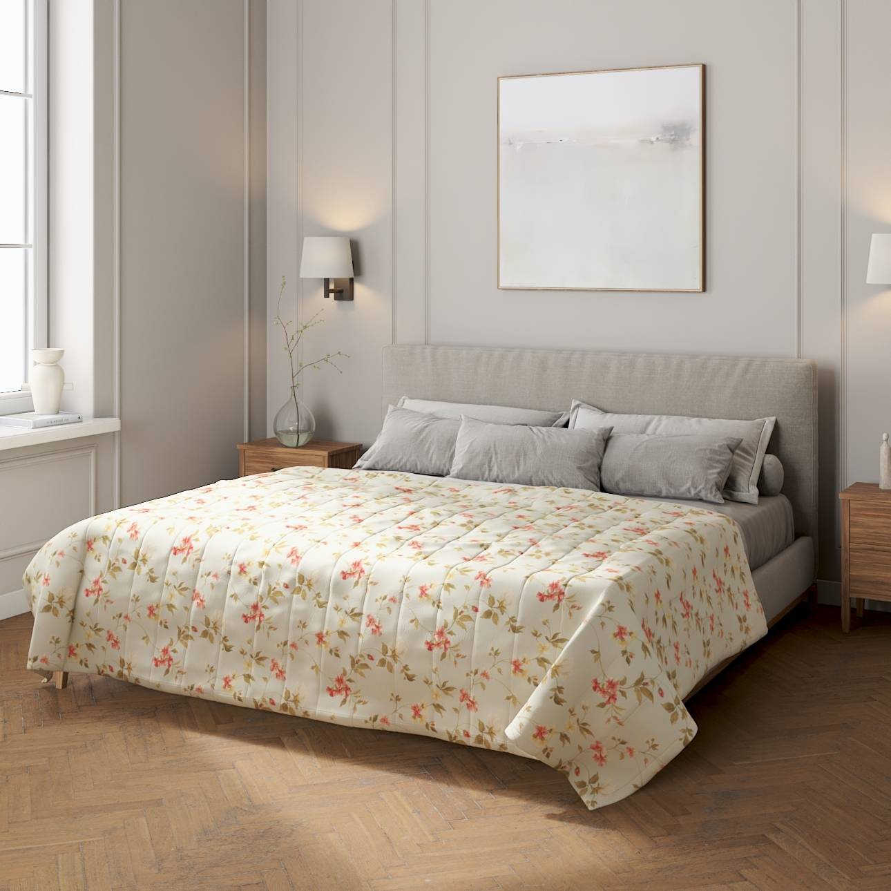 Sengetæppe quiltet<br/>10cm striber, Mintblå med print, Londres